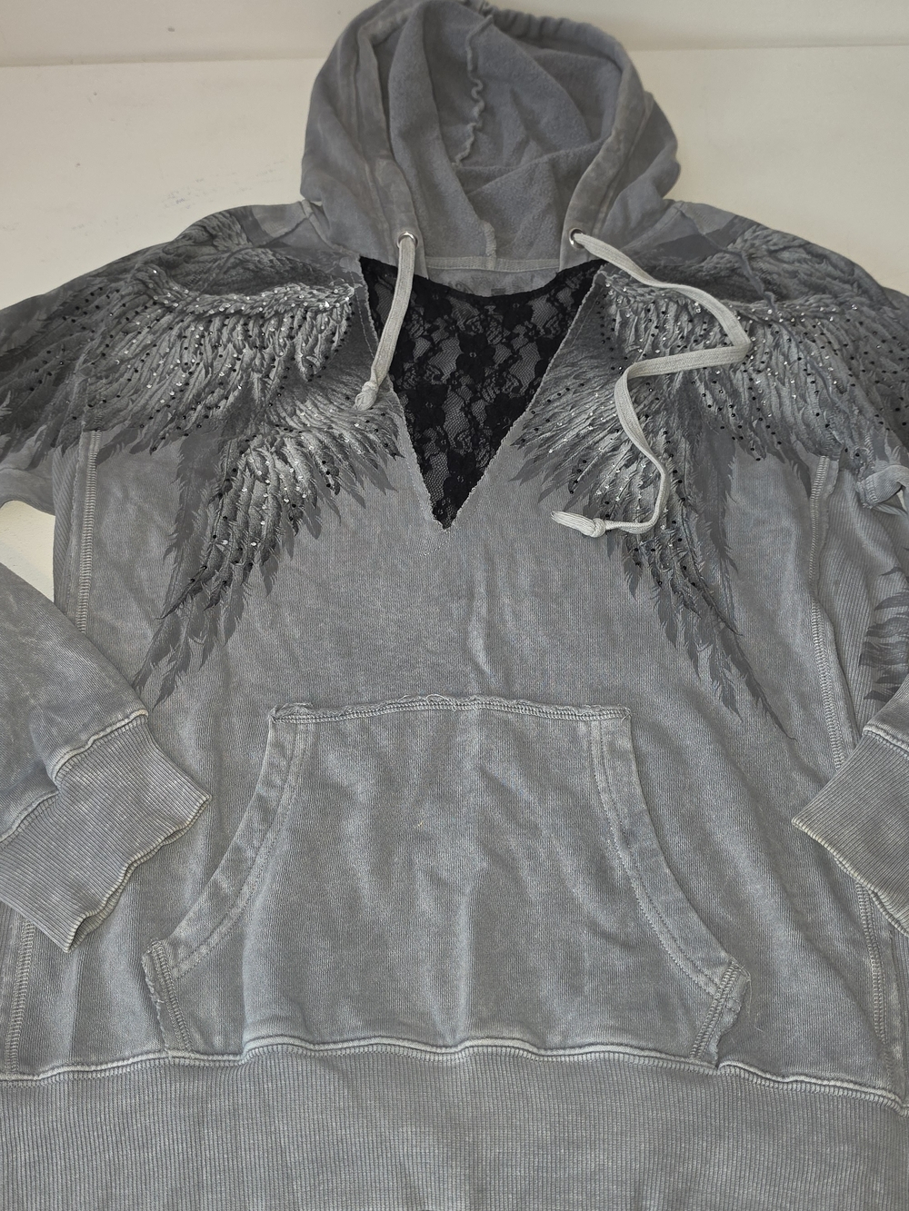 Affliction Gray Lace-Inset Wing Graphic Hoodie